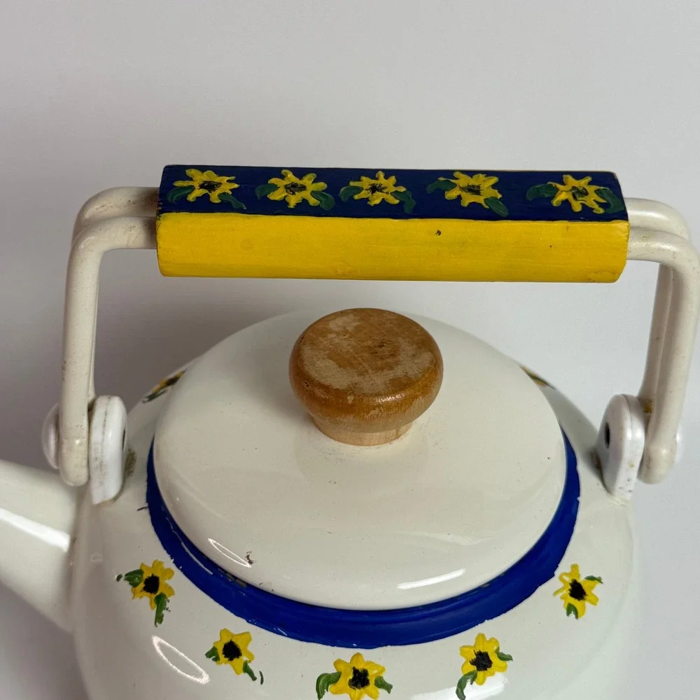 White Enamel Sunny Golden Yellow Sunflowers Tea Kettle Blue Trim Wood Handle